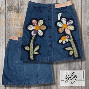Old Navy Denim A Line Skirt Floral Applique Boho Patched Daisy 10